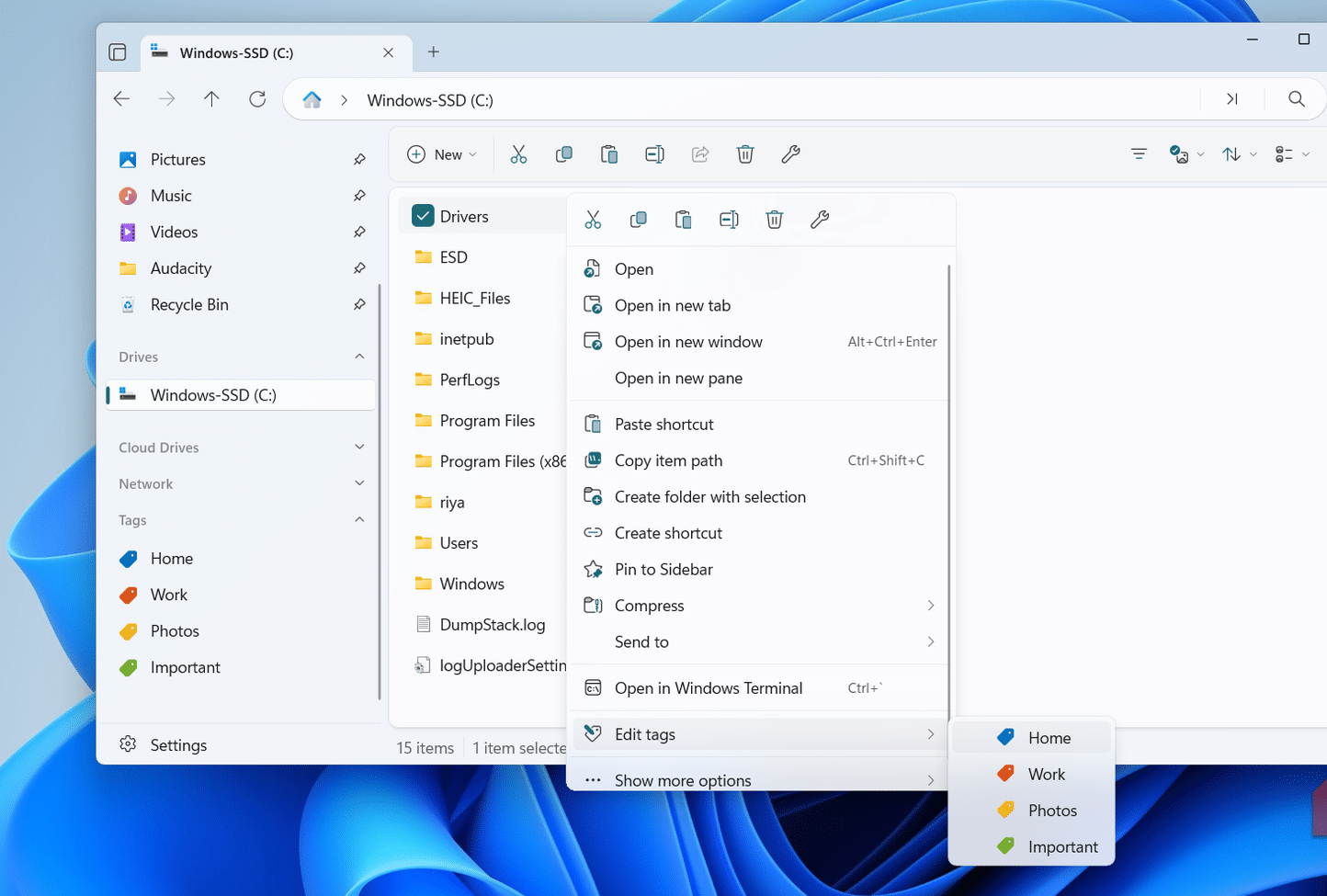 L'app File su Windows visualizza l'opzione Tag