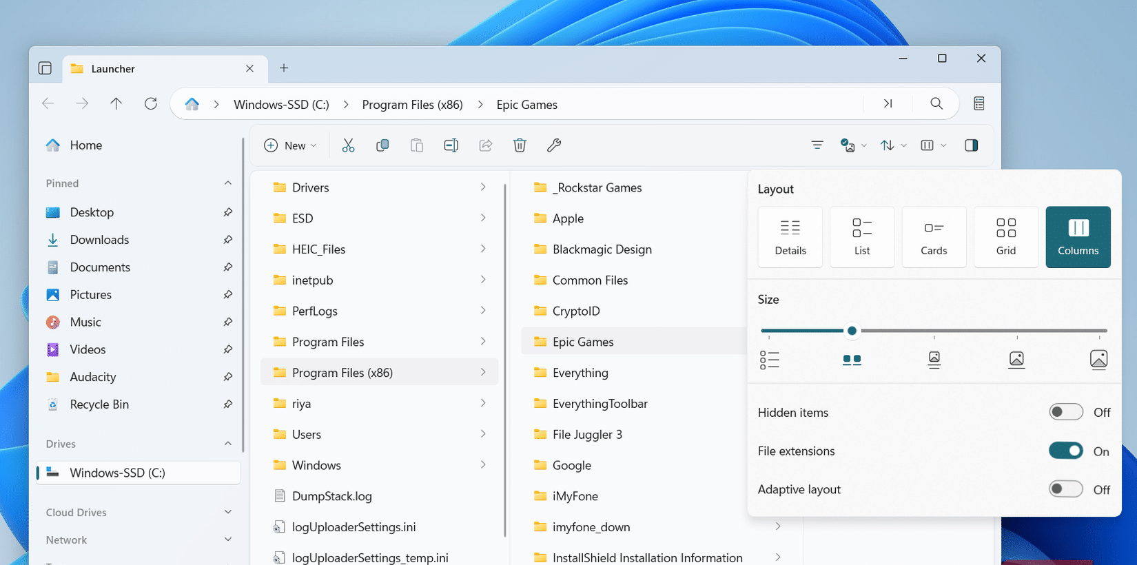 Applicazione File con visualizzazione a colonne su PC