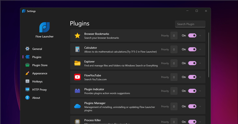 Okno ustawień Flow Launcher wyświetlające kartę wtyczki