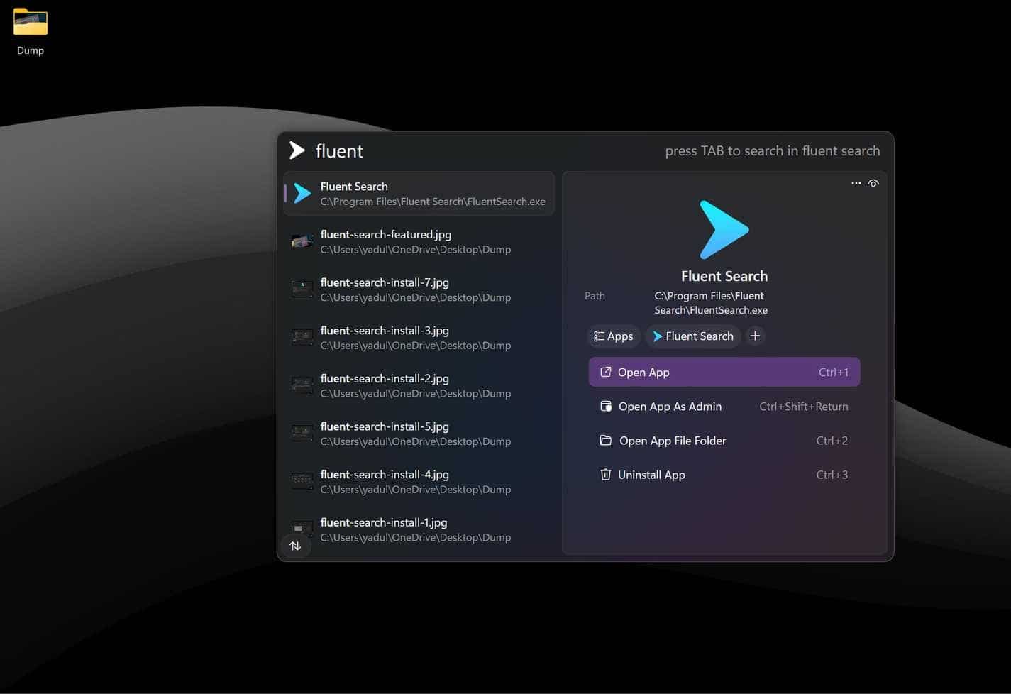 Aplikacja Fluent Search działająca na komputerze z systemem Windows 11.
