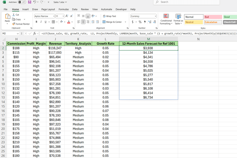 Excel'de LET, SEQUENCE ve LAMBDA fonksiyonlarının birleşimiyle 12 aylık satış tahminini hesaplama formülü.