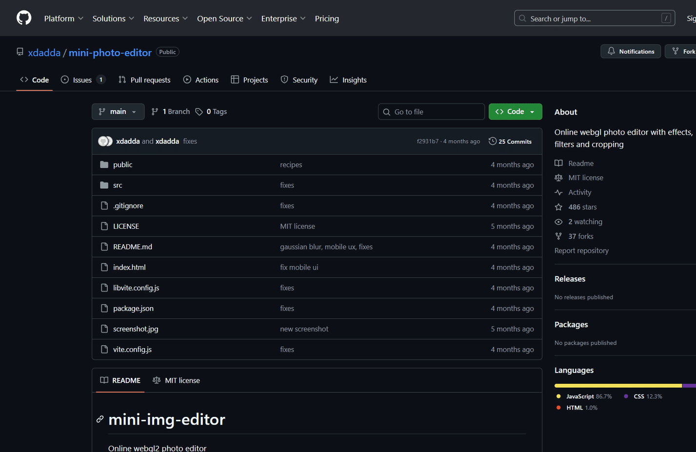 Mini fotoğraf düzenleyicinin dosya yapısı ve proje bilgileriyle birlikte GitHub deposu sayfası.