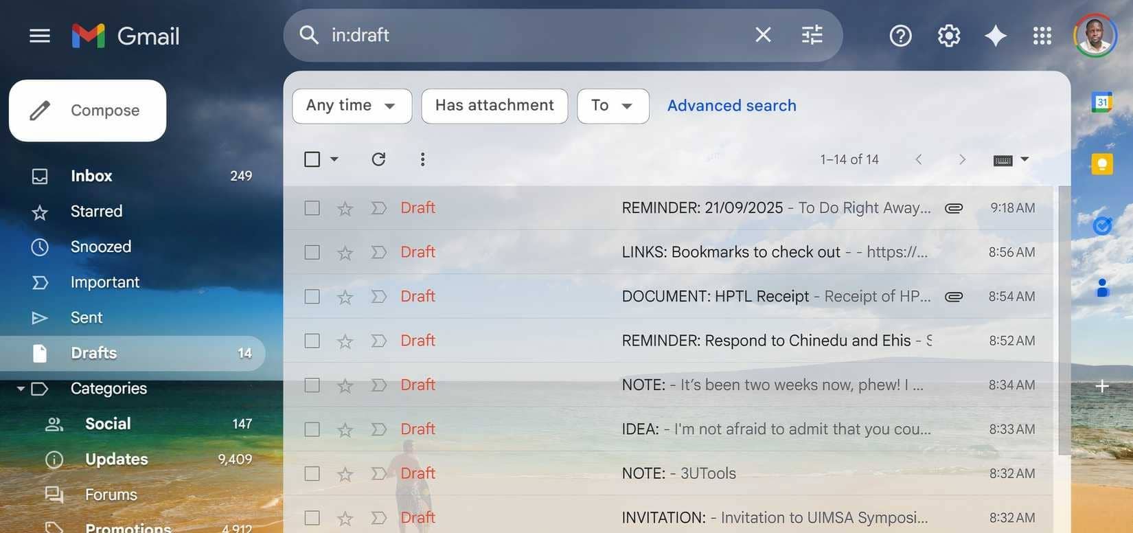 Cartella delle bozze di Gmail con diverse bozze salvate.