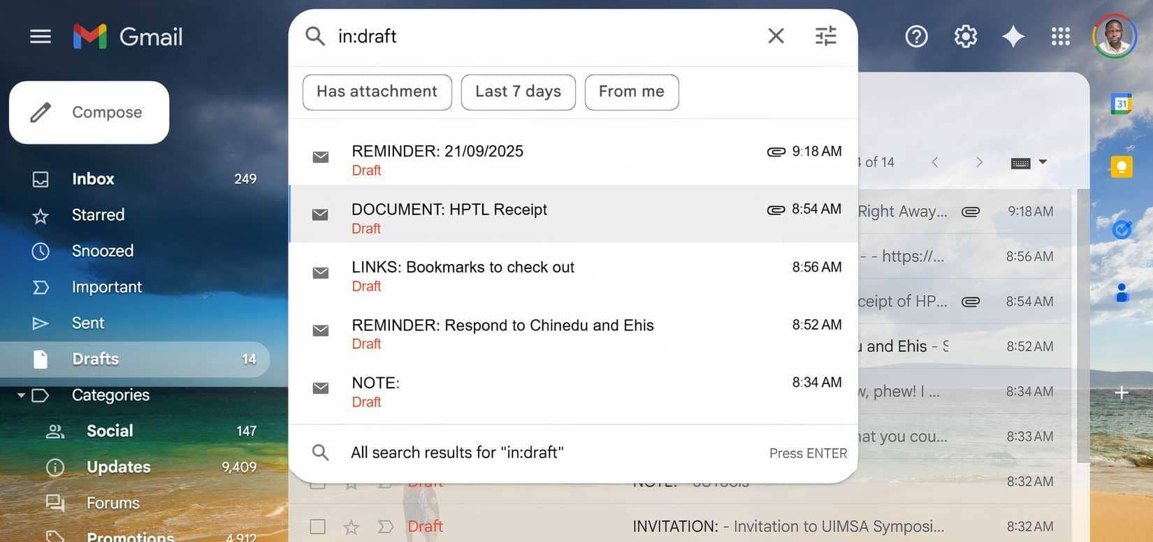 Gmail elabora i risultati della ricerca.