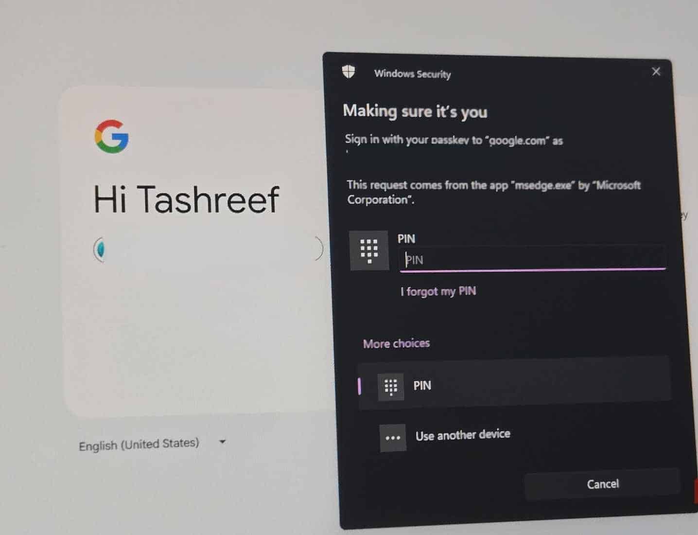 Google 패스키로 로그인하세요. Windows Hello 대화 상자가 나타납니다.