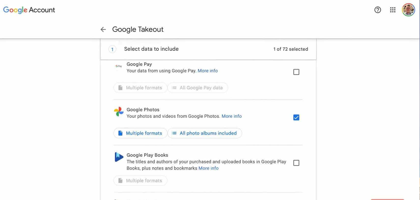 Un esempio di Google Takeout mostrato in un browser su un Mac.