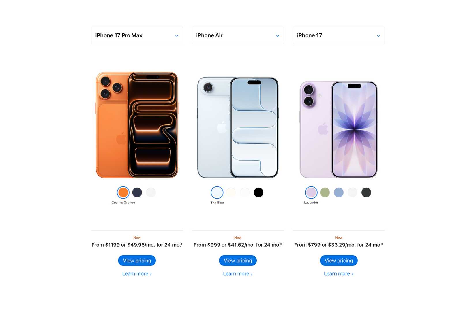 Apple'ın web sitesinde iPhone 17 Pro Max, iPhone Air ve iPhone 17 arasındaki karşılaştırma sayfası
