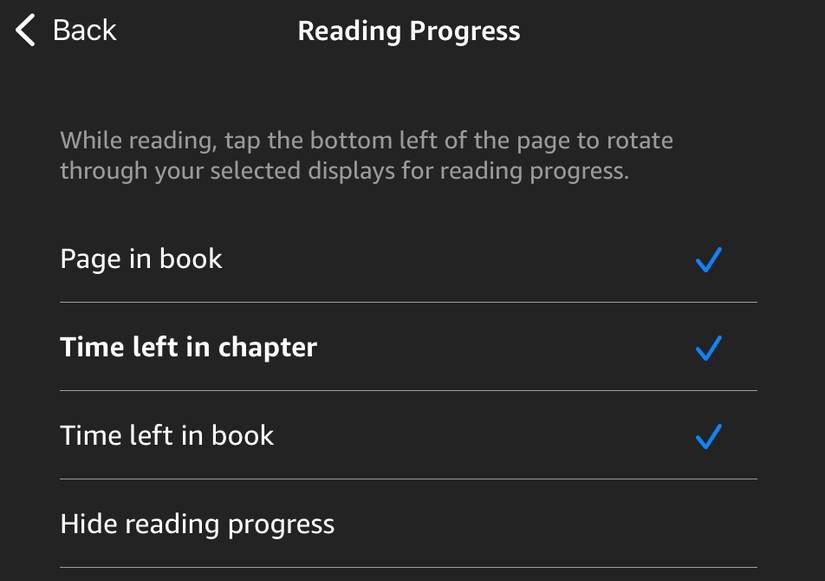 Impostazione di avanzamento della lettura dell'app Kindle