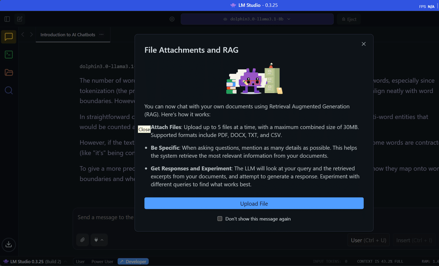 LM Studio fornisce funzionalità di allegato file e RAG