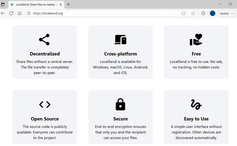 LocalSend website showing features