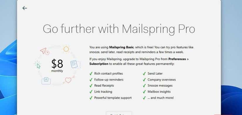 Pagina pop-up di Mailspring Pro
