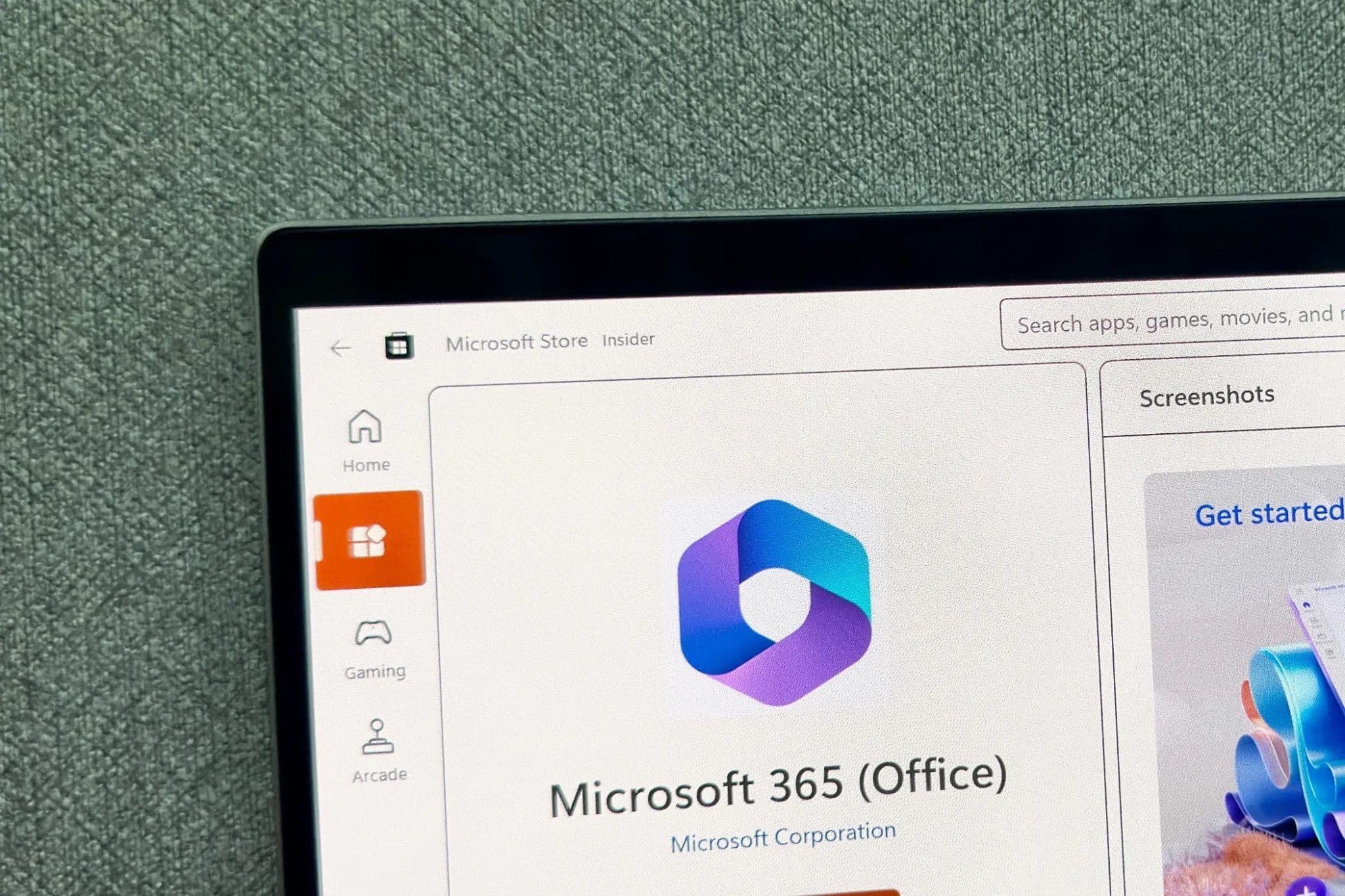 Primo piano dell'icona dell'app Microsoft 365 (Office) nella schermata del Microsoft Store