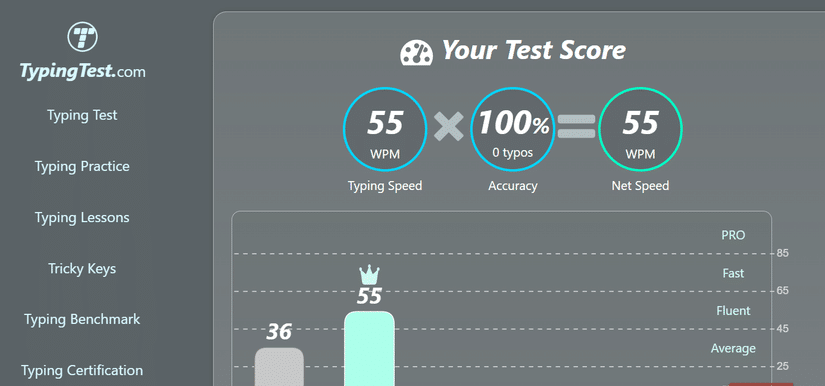 My words per minute test score of 55WPM from TypingTest.com.