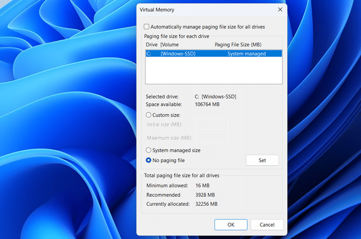 Nenhuma opção de arquivo de paginação no Windows 11