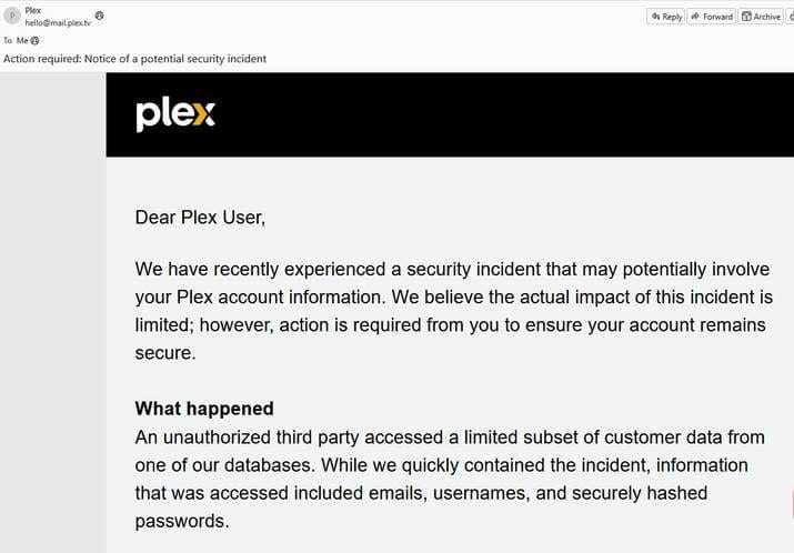 Courriel concernant le piratage du mot de passe Plex