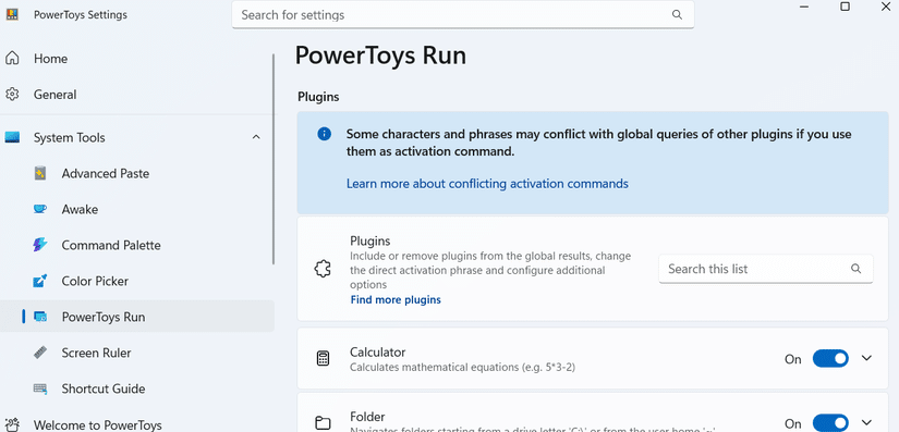 Lista de complementos de PowerToys Run para PC