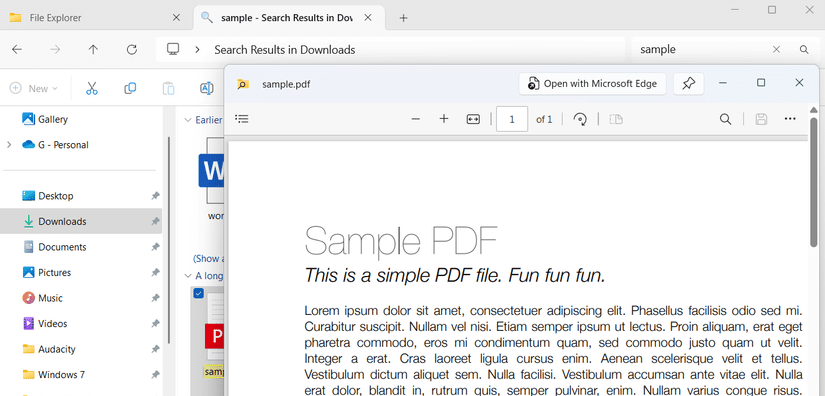 معاينة ملف PDF في مستكشف الملفات