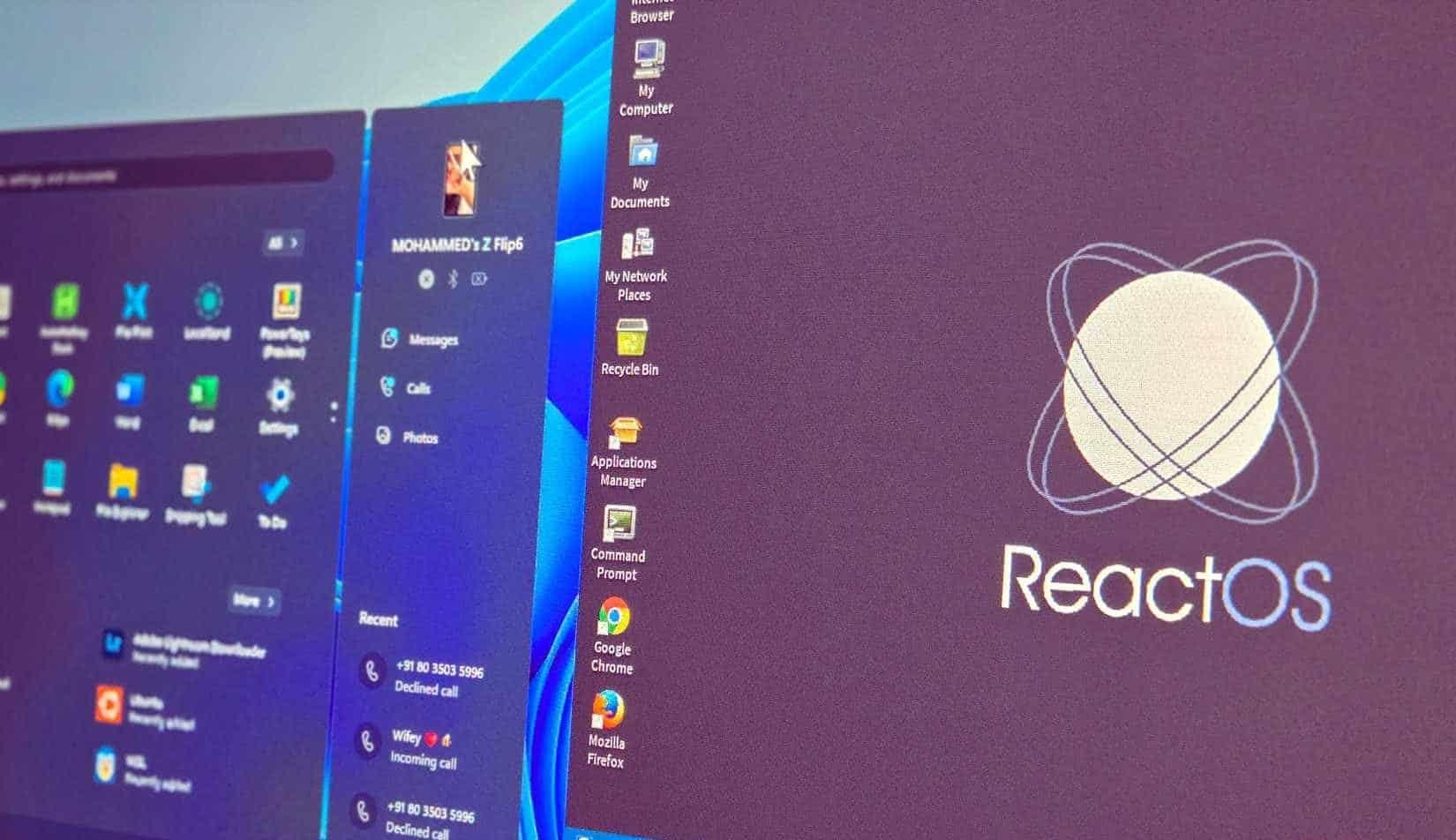 ReactOS y Windows 11 visibles en la misma pantalla