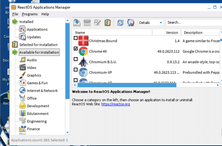 Gestor de aplicaciones ReactOS open-1
