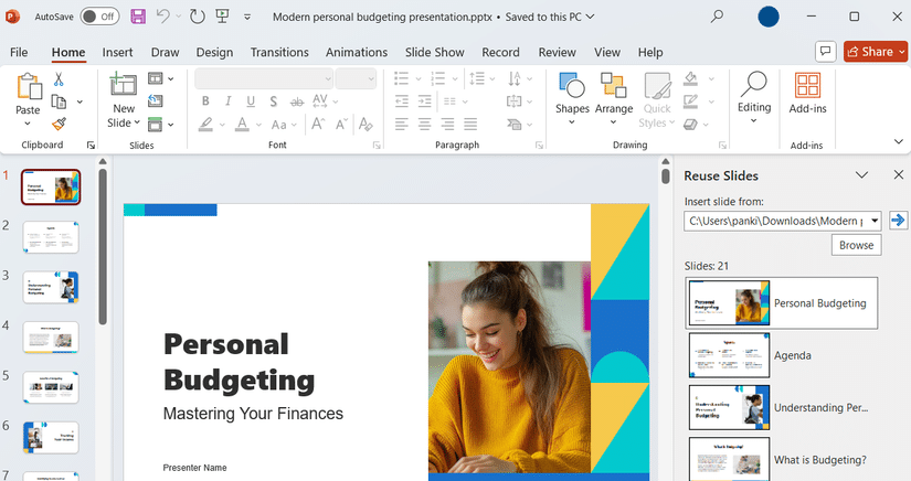 PowerPoint 中的重複使用投影片選項