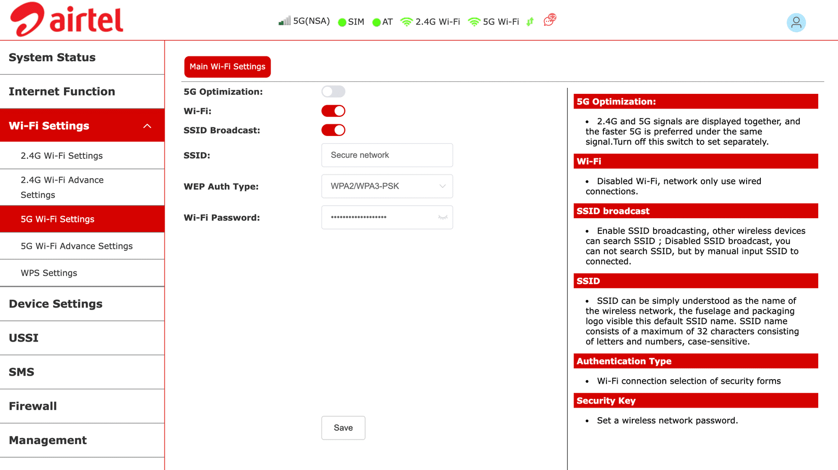 Il pannello di controllo del router visualizza le impostazioni della rete Wi-Fi a 5 GHz con il nome SSID e una password complessa.