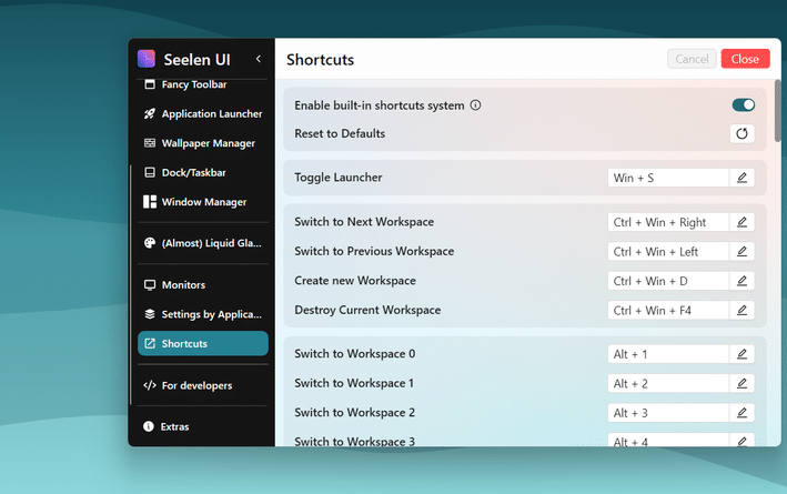 Menu de atalhos da interface do usuário Seelen no PC