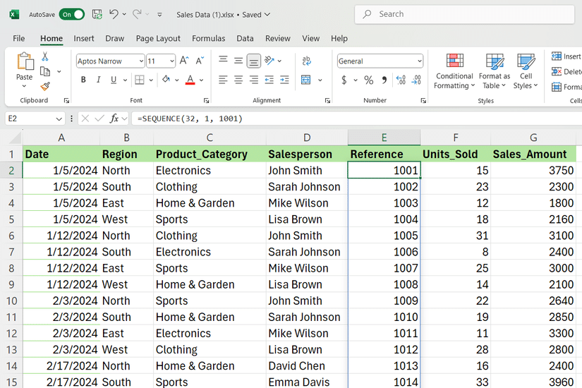 Excel'de referans numaraları oluşturmak için bir satış tablosunda SEQUENCE işlevini kullanın.