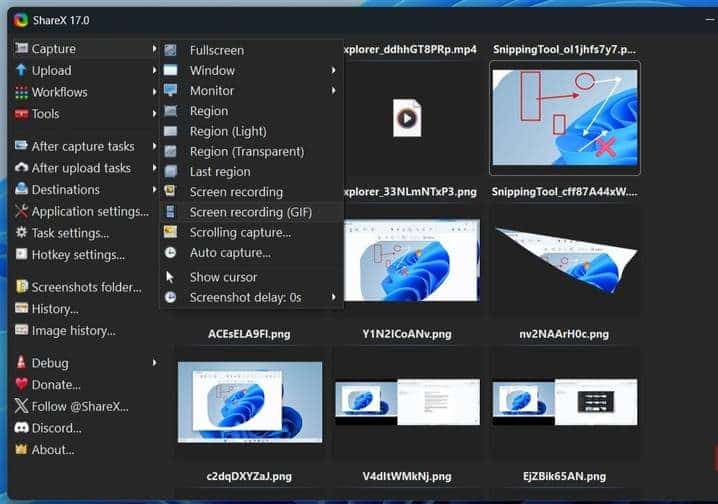 ShareX-App mit Aufnahmeoptionen unter Windows