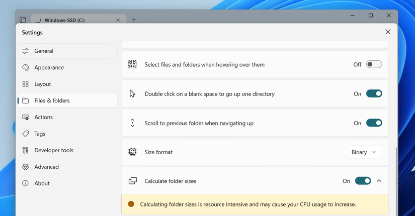Mostra l'opzione dimensione cartella nell'app File sul PC
