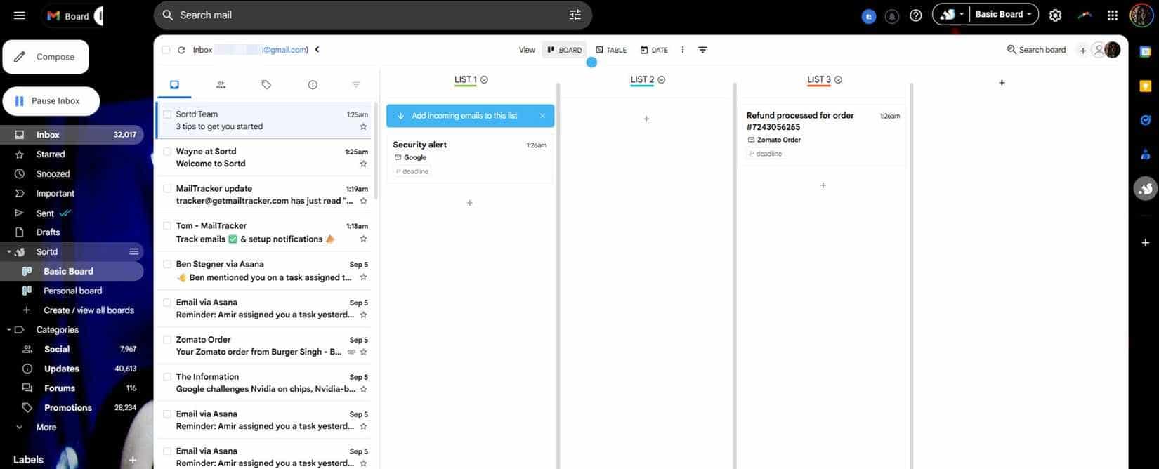Sortd extension running on Gmail.