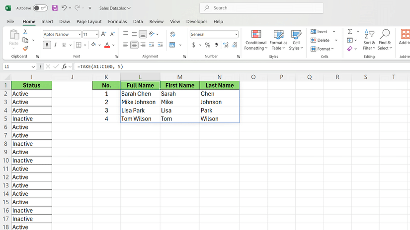 Funzione TAKE di Excel per estrarre le prime cinque righe di un set di dati.