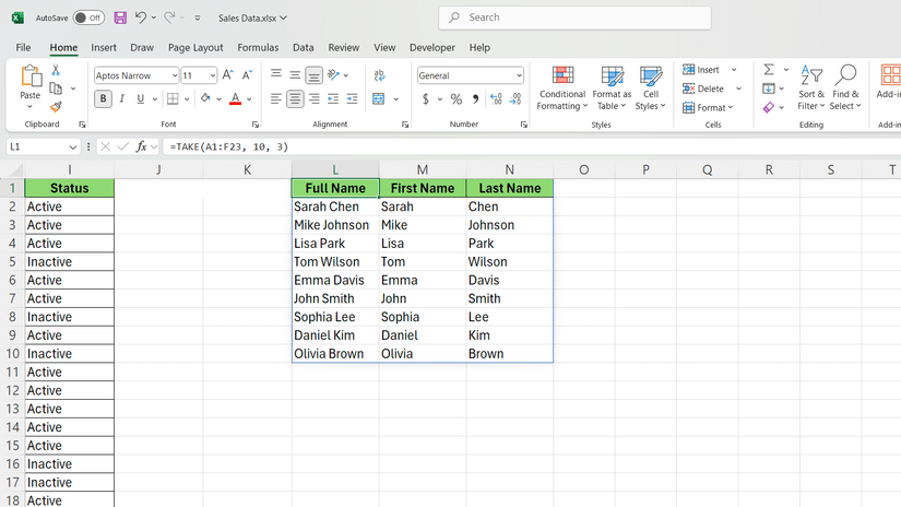 Funzione TAKE in Excel per prendere le prime dieci righe e tre colonne di un set di dati.