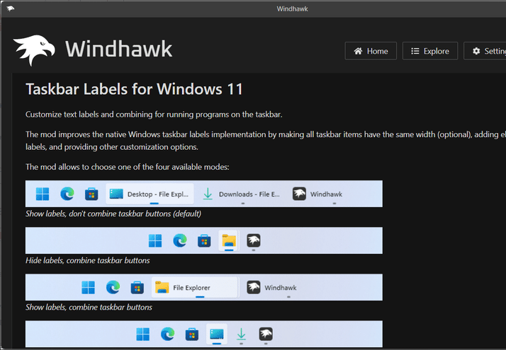 Windows 11 Windhawk 模式的工作列標籤