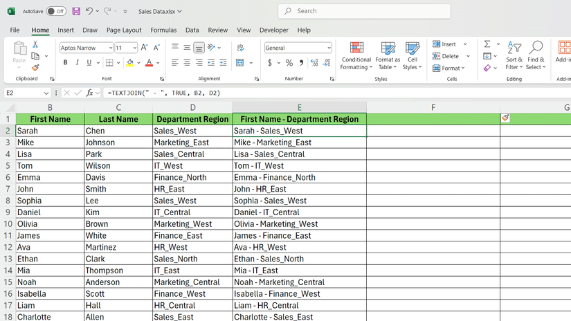 Funzione TEXTJOIN in Excel per combinare il nome e la regione del rappresentante.