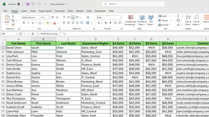 Funzione TEXTSPLIT di Excel per dividere il nome completo.
