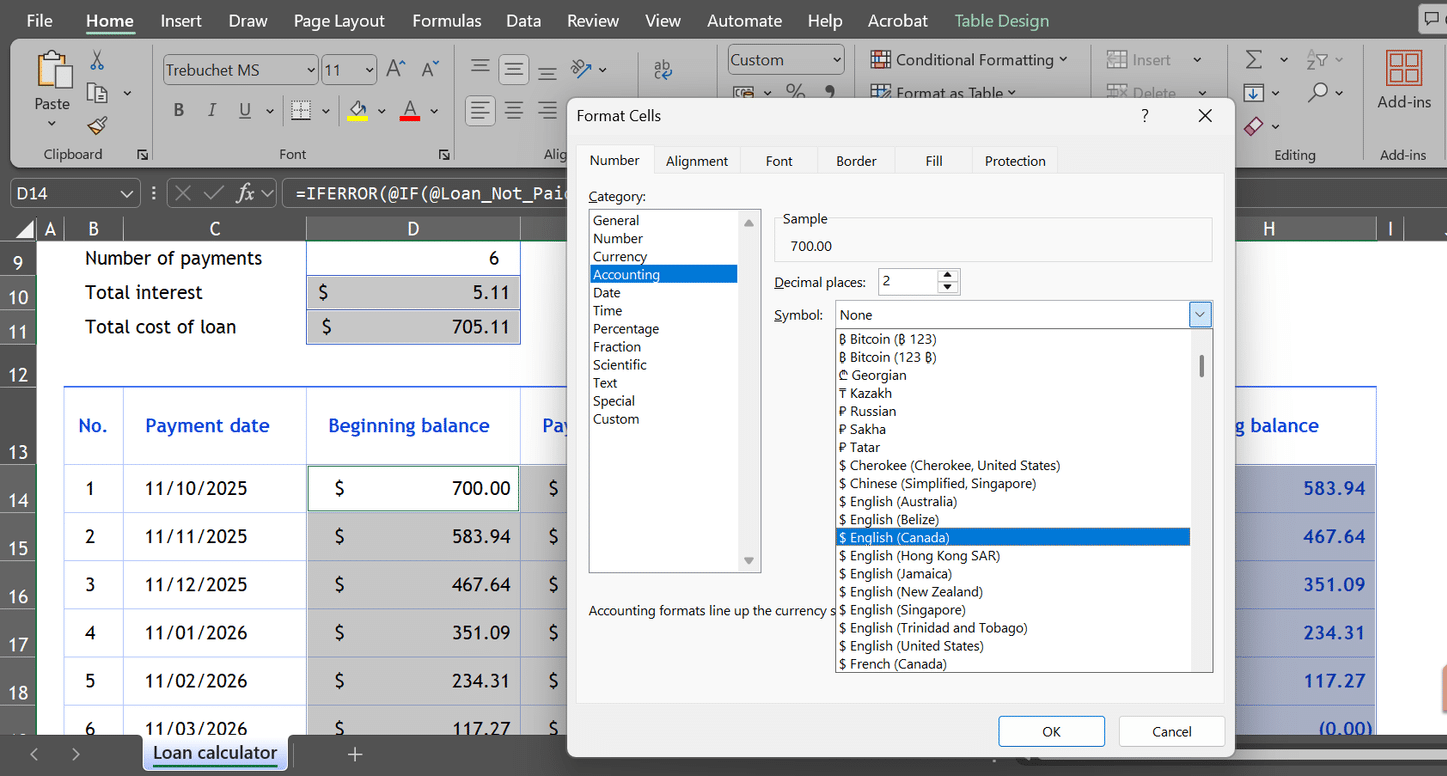 La categoria Contabilità nella barra Formato celle in Excel.
