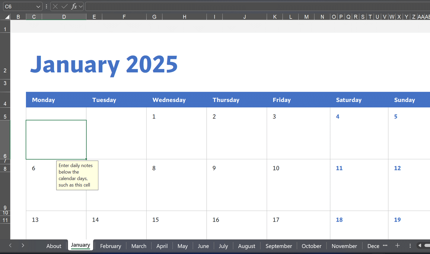 Il foglio di gennaio nel modello di calendario personalizzato Qualsiasi anno.