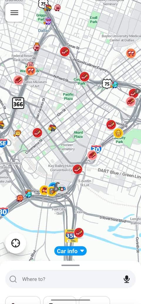 Waze 顯示德州達拉斯的交通狀況