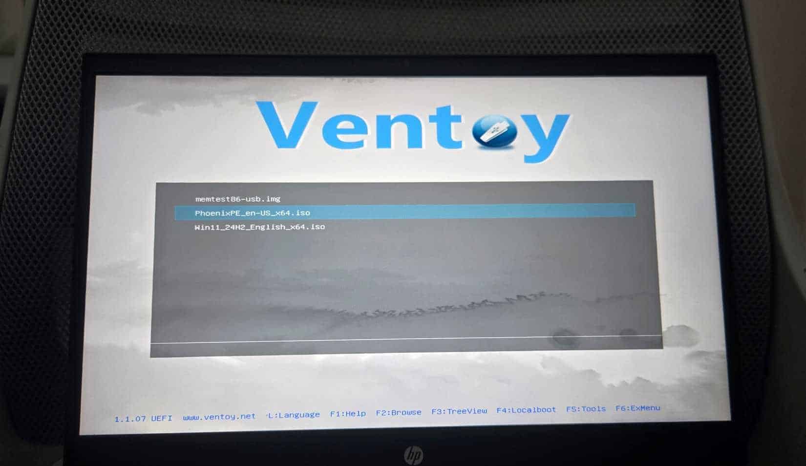 HP Pavillion 筆記型電腦上的 Ventoy 啟動選單