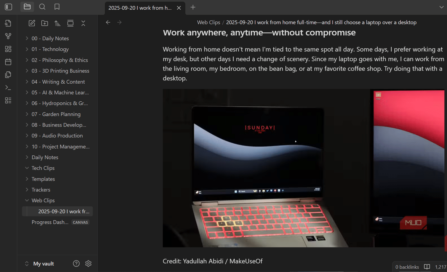 Visualizzazione dell'articolo ritagliato in Obsidian