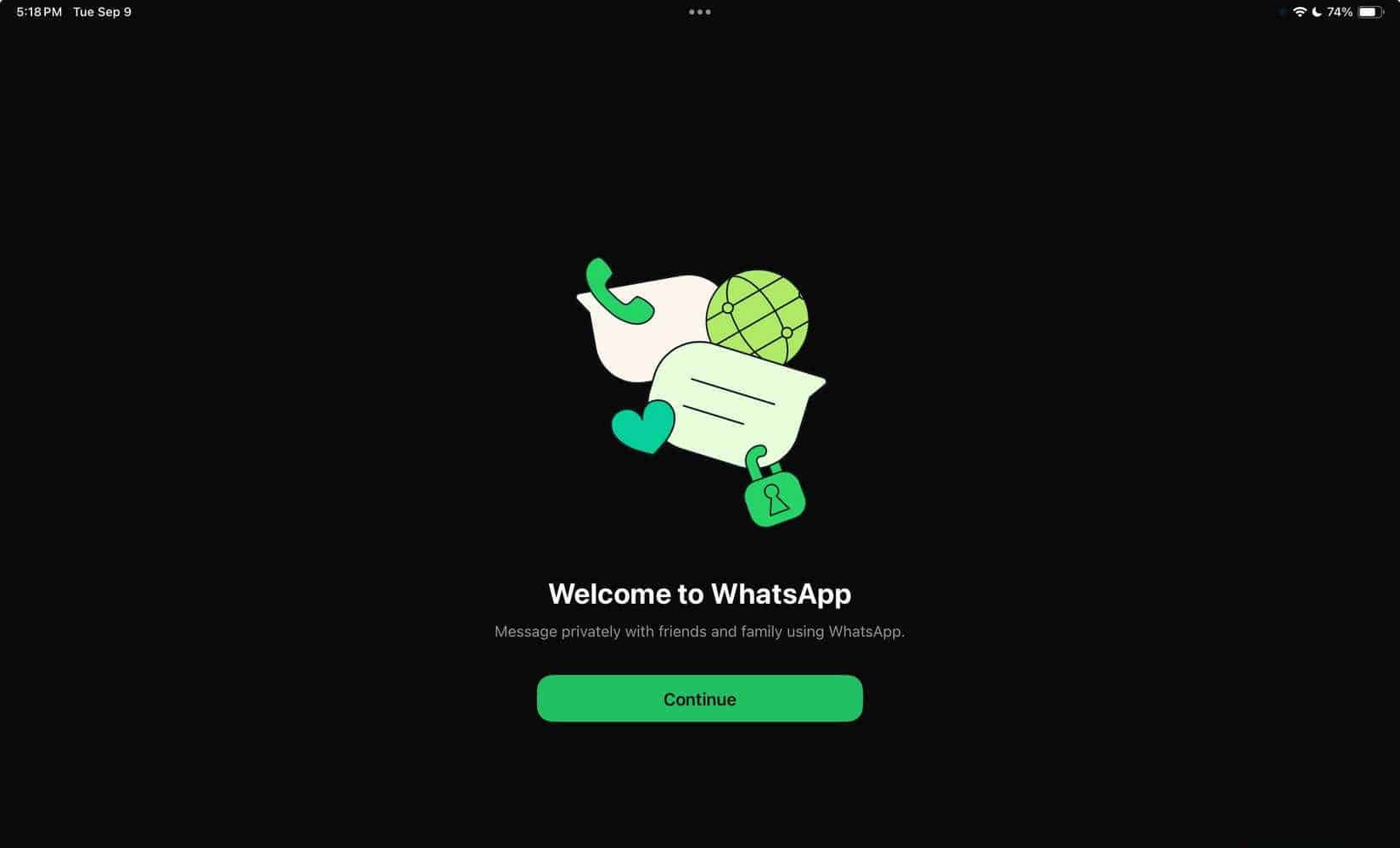 WhatsApp su iPad visualizza la pagina di benvenuto.