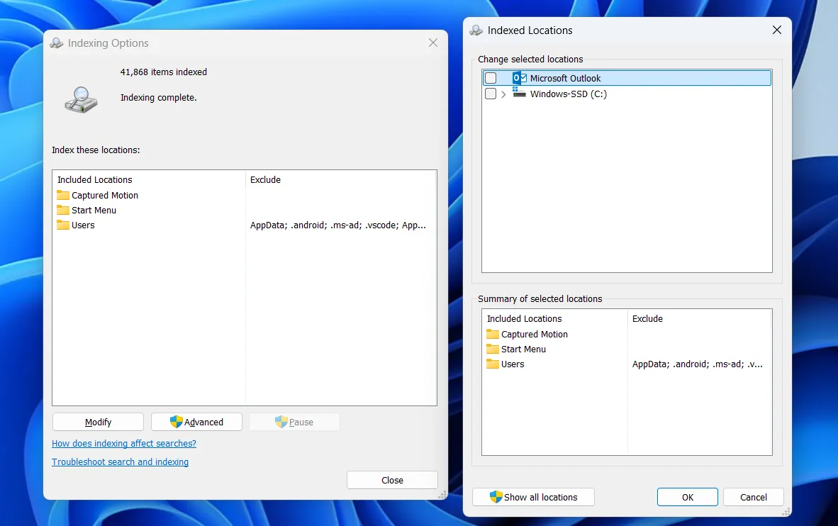 Impostazioni di indicizzazione di Windows 11