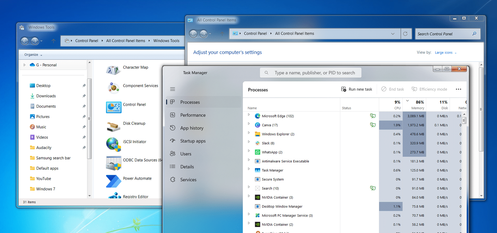 Desktop di Windows 7 con Pannello di controllo e Task Manager aperti