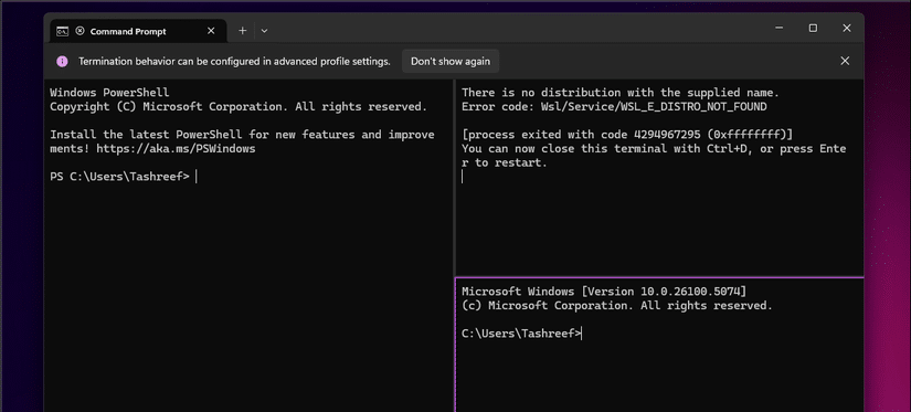 Il Terminale di Windows visualizza l'output degli errori di PowerShell, del prompt dei comandi e di WSL in riquadri segmentati.