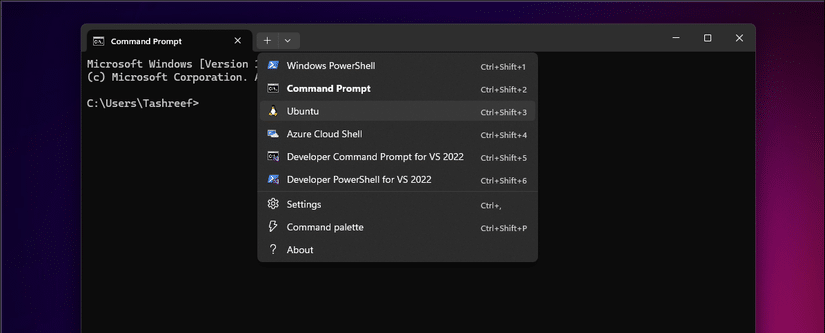 Interfaccia del terminale di Windows che mostra più opzioni di interfaccia, tra cui Prompt dei comandi, PowerShell, Ubuntu e Azure Cloud Shell