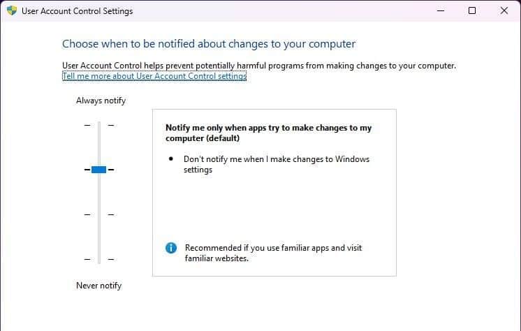 إعدادات التحكم في حساب المستخدم في Windows