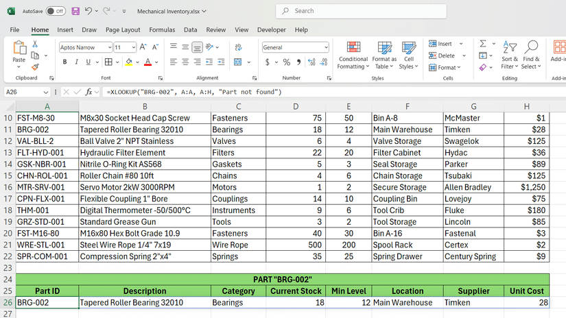 Formuła XLOOKUP w programie Excel umożliwiająca wyszukiwanie danych w części.