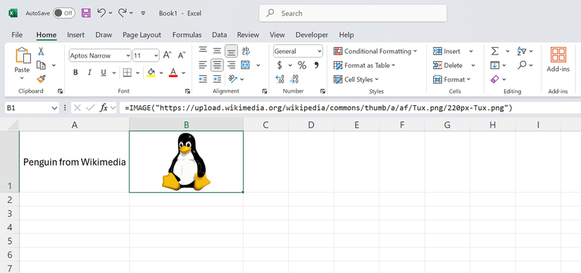 使用 Excel 中的 IMAGE 函數產生企鵝影像。