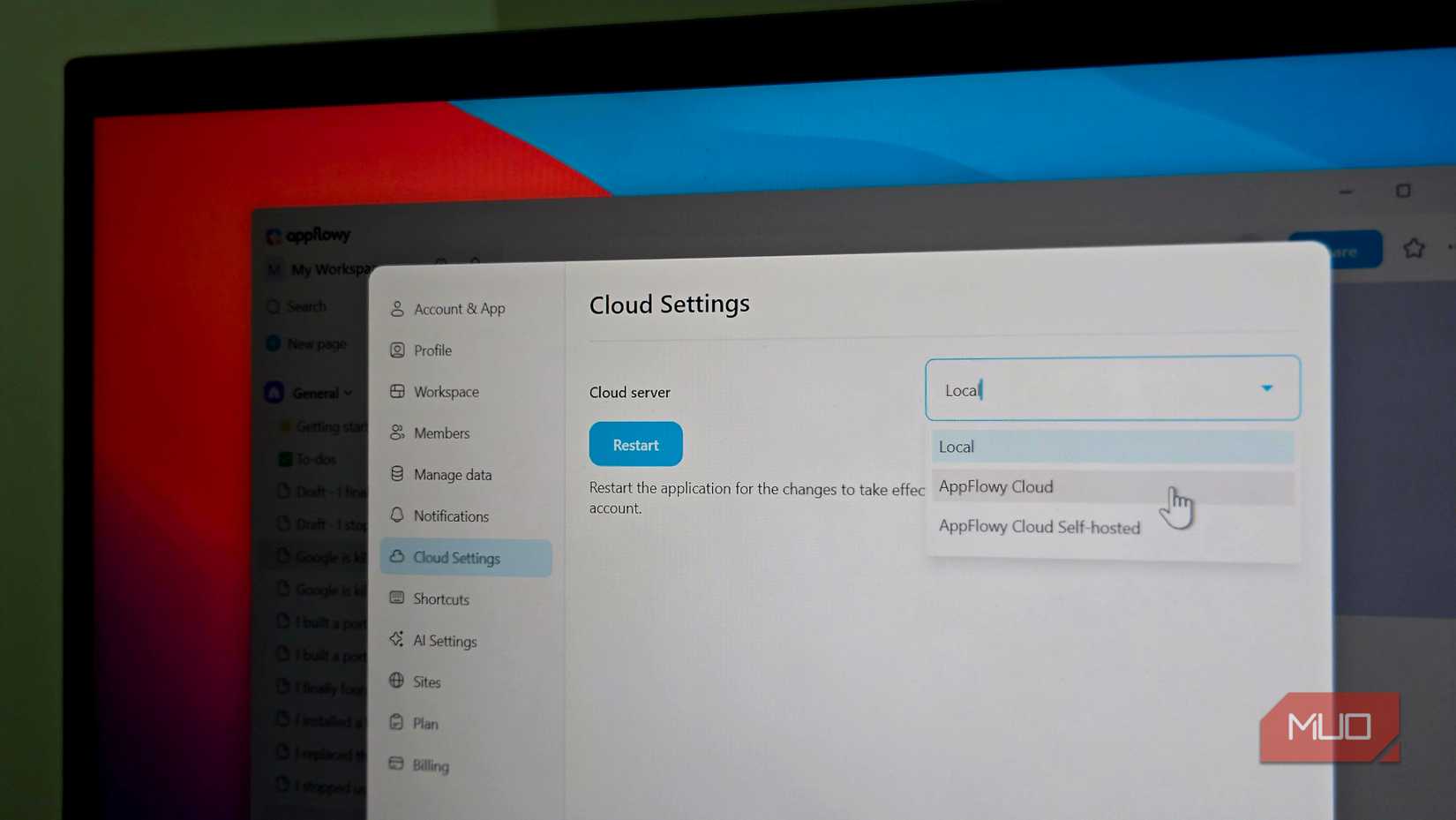 Impostazioni cloud di AppFlowy aperte su Windows 11