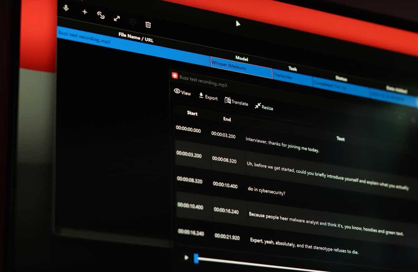 Primo piano del visualizzatore di testi di Buzz.